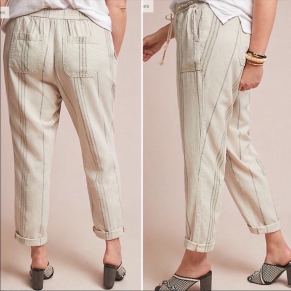 Anthropologie Striped Seashore Tan Linen/Cotton Blend Crop Pant w Rope Ties - Picture 3 of 14